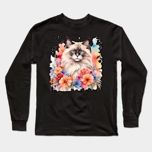 A ragdoll cat decorated with beautiful watercolor flowers Long Sleeve T-Shirt